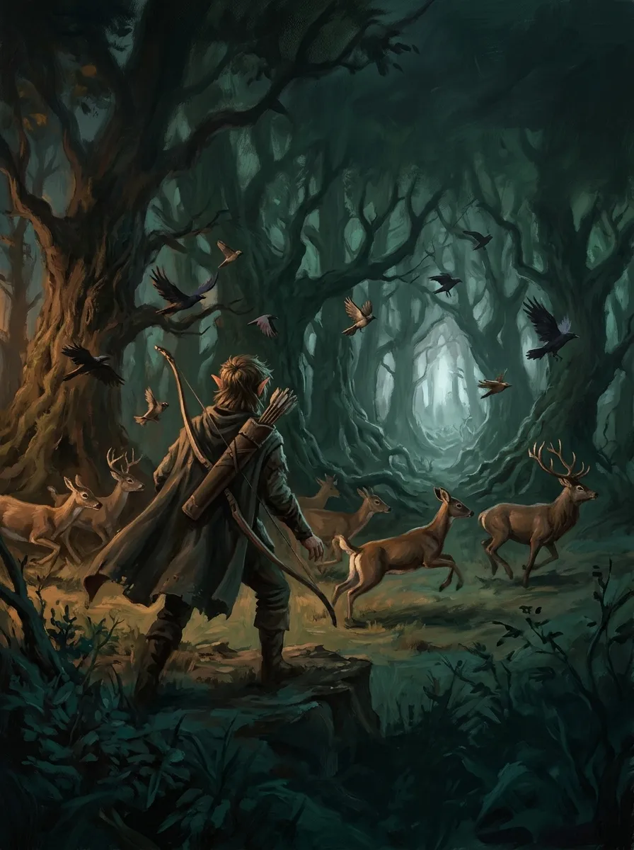 Cover concept: a young elf ranger at the forest's edge as deer and birds flee past him